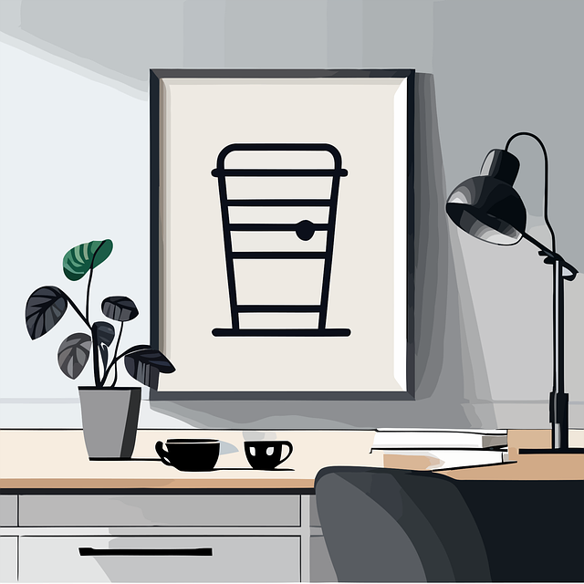 A vector of a tipical desk withn a lamp, a plant, and a picture