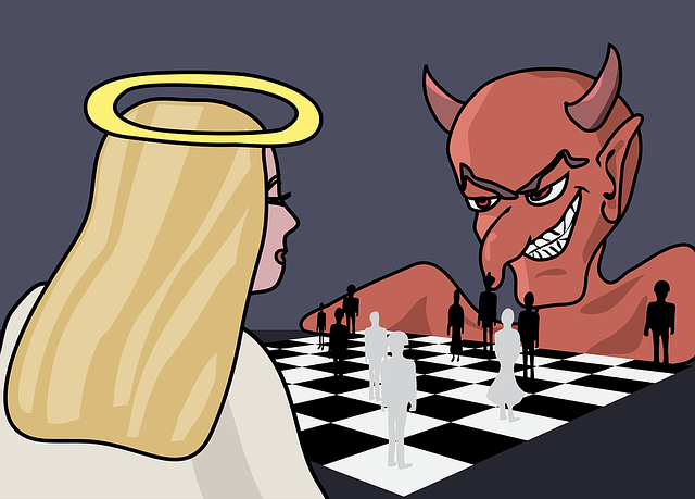 Angel vs Evil playing chess